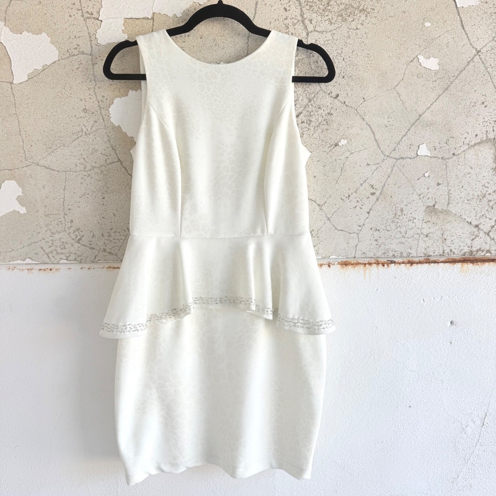 Vintage Cachet Peplum Dress Beaded Waist Leopard Jacquard Sheath Cream Bridal 6